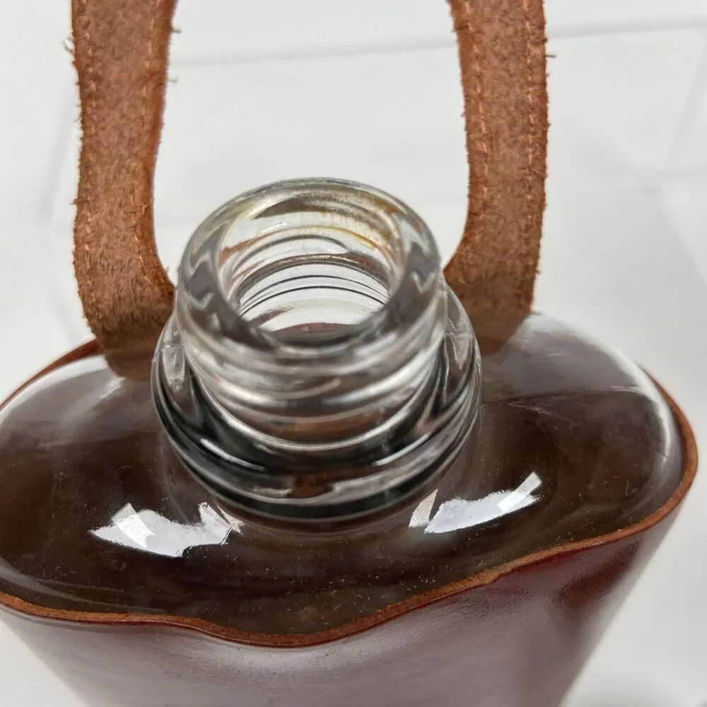 Vintage Glass Hip Flask With Leather Case And Silver Tone Hardware